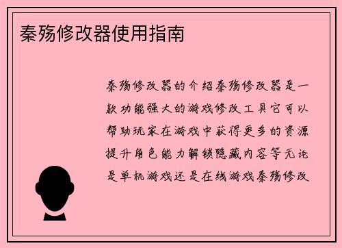秦殇修改器使用指南